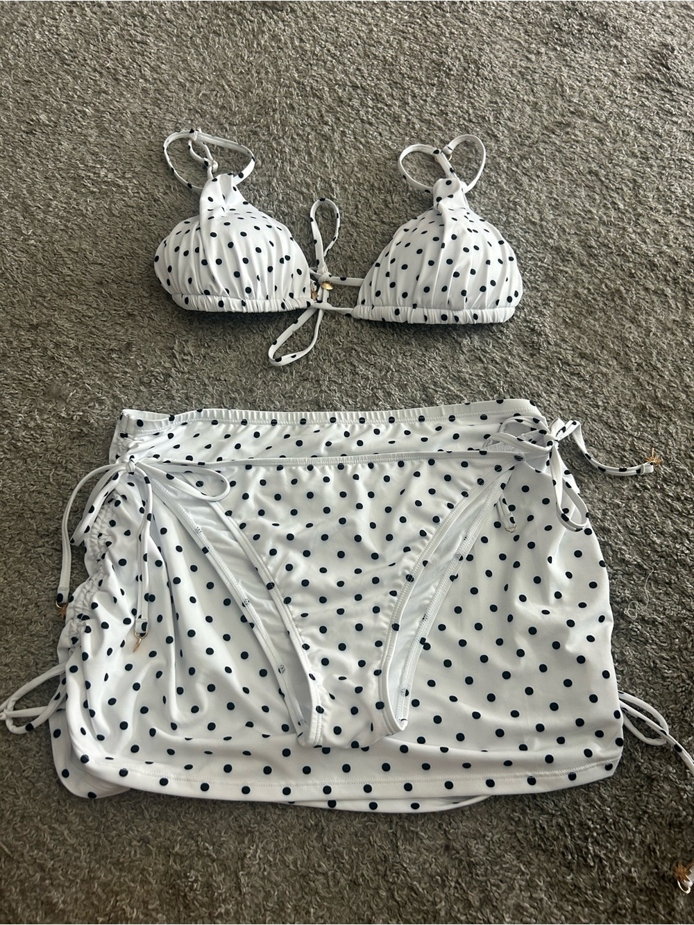 Catherine Malandrino White Bikini Set with Black Polka Dots and Side-Tie Skirt
